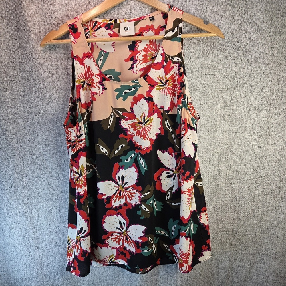 Cabi Blouse Womens Medium‎ Sleeveless Tank Chiffon Floral Red Black Pink